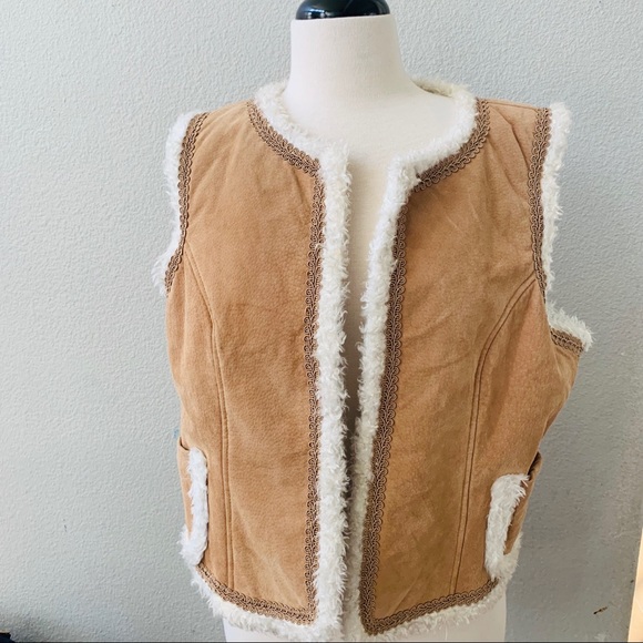 METRO STYLE vintage tan leather sherpa lined open vest womens XL - Picture 1 of 8